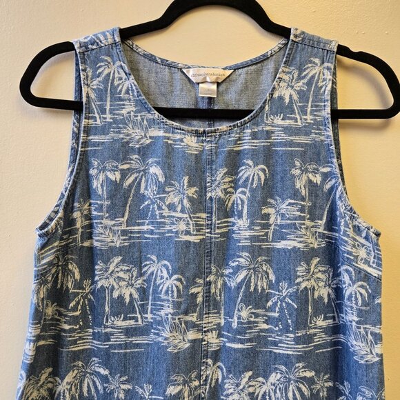 Women's L Blue Sleeveless Palm Tree Print Denim Chambray Shift Dress Jumper - Picture 3 of 11
